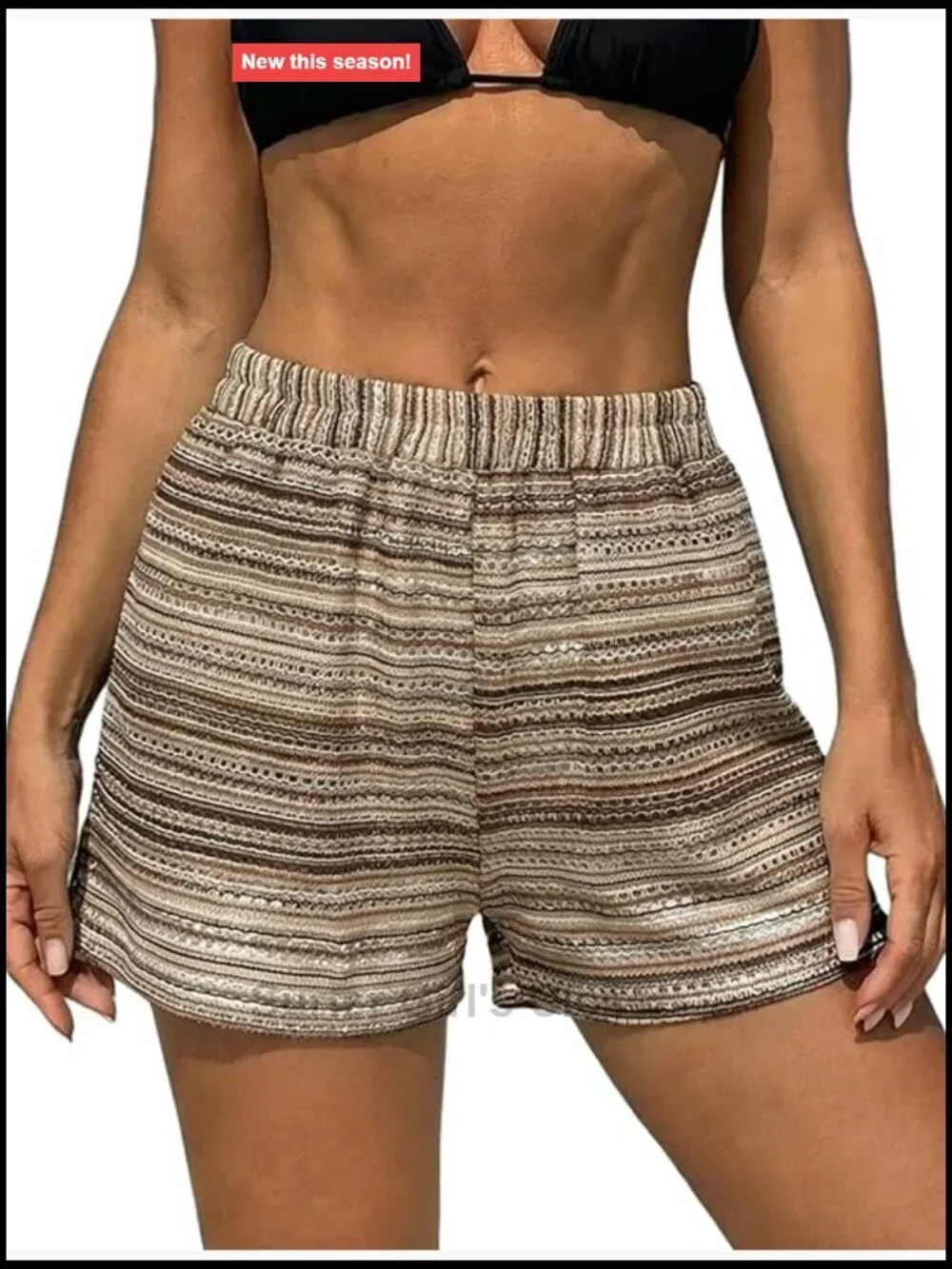 High Waisted Striped Crochet Cover Up Shorts with Pockets